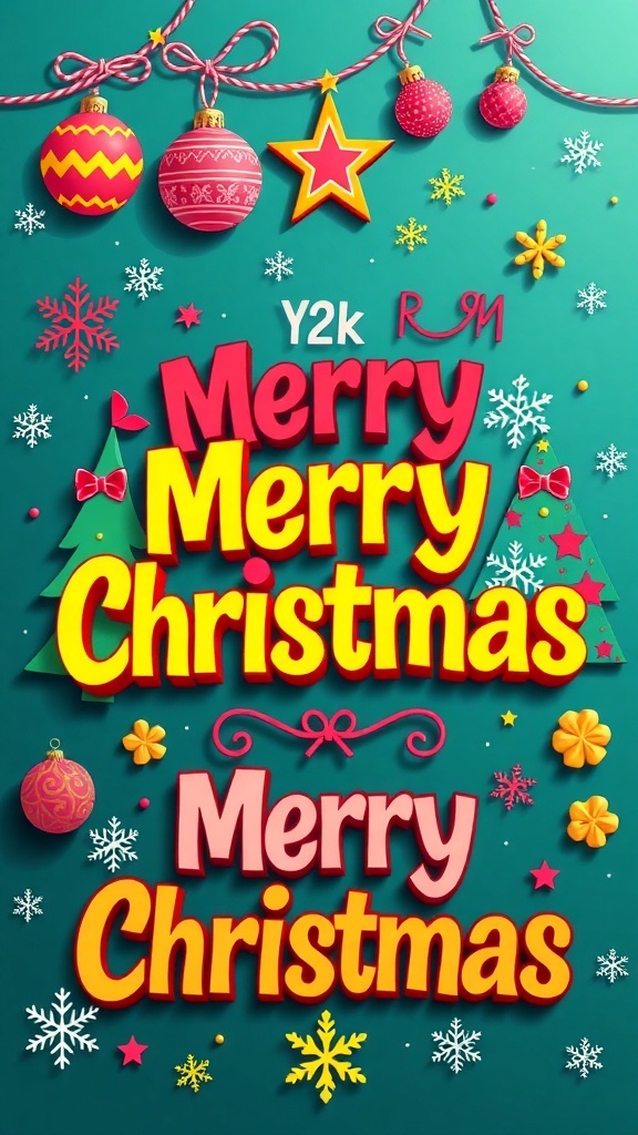 A colorful Y2K-inspired Merry Christmas image with festive graphics and retro design elements.